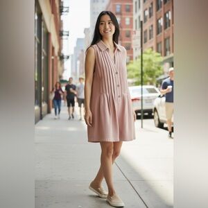 614. Pleated denim wide leg romper in light pink